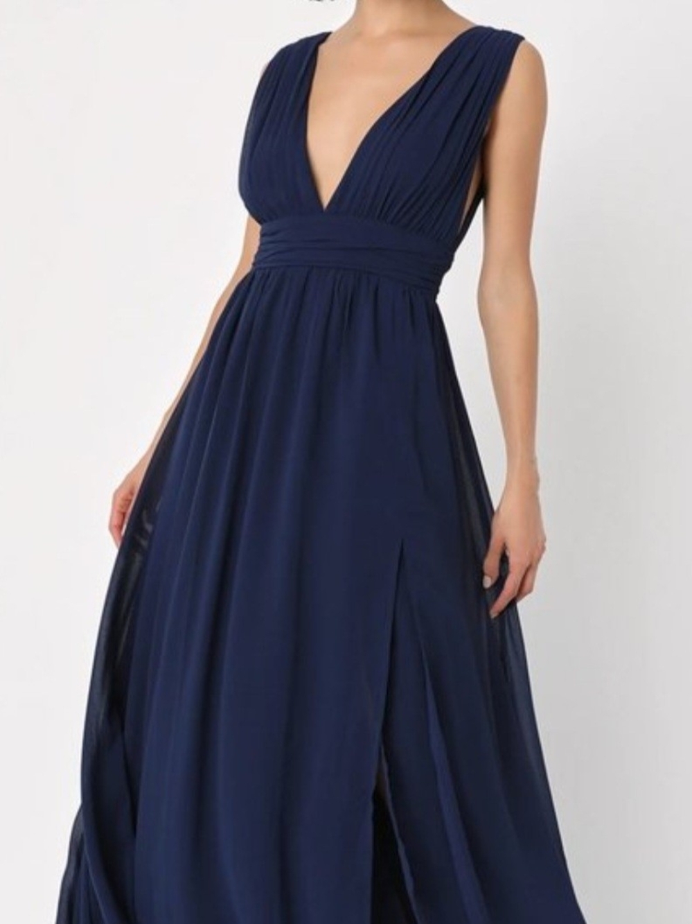 Lulus Navy Blue Plunging V Neck Pleated Maxi Dress Size L